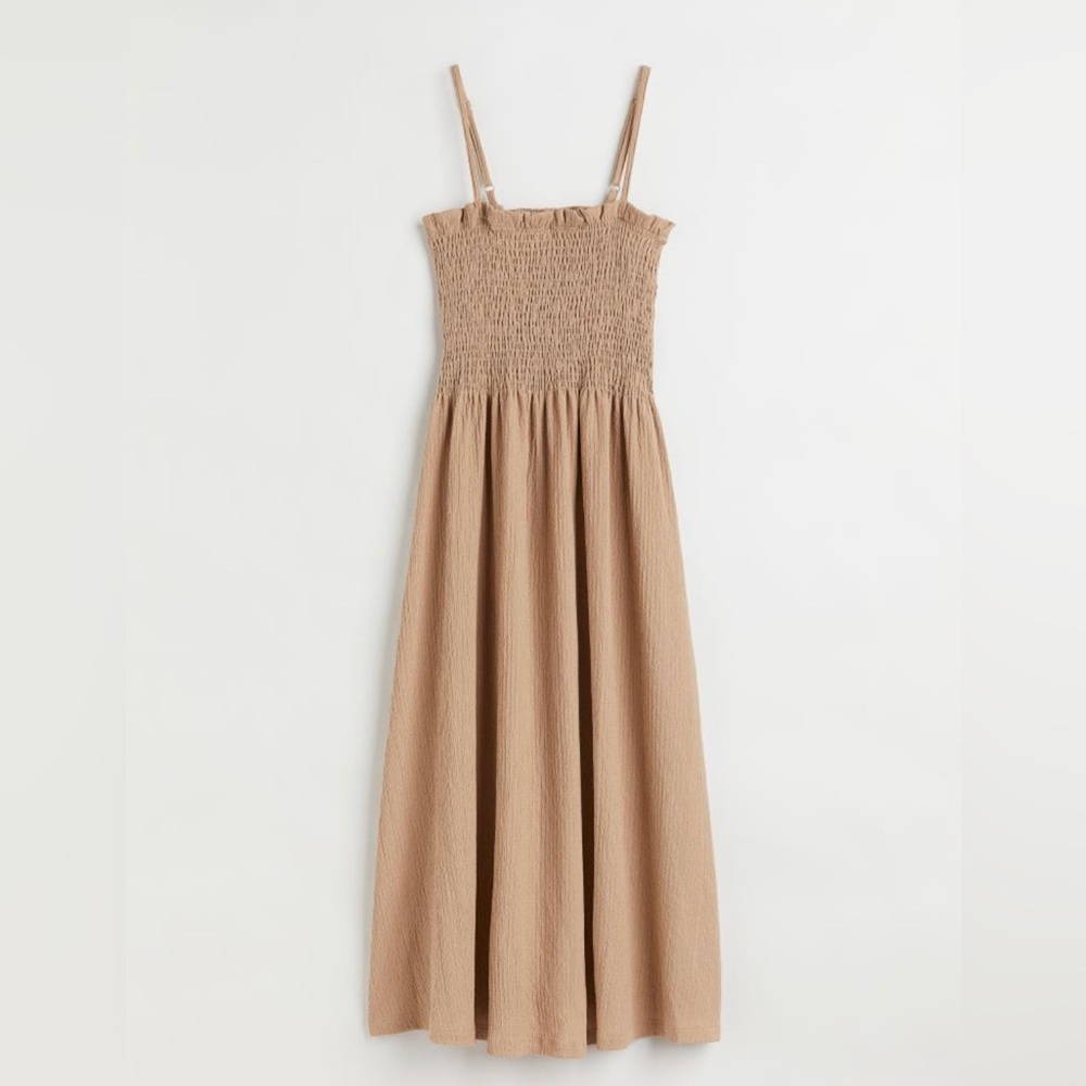 H&M Beige Smocked Midi Dress